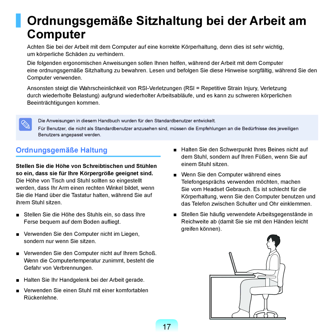 Samsung NP-R40FY0C/SEG, NP-R40FY0B/SEG manual Ordnungsgemäße Sitzhaltung bei der Arbeit am Computer, Ordnungsgemäße Haltung 