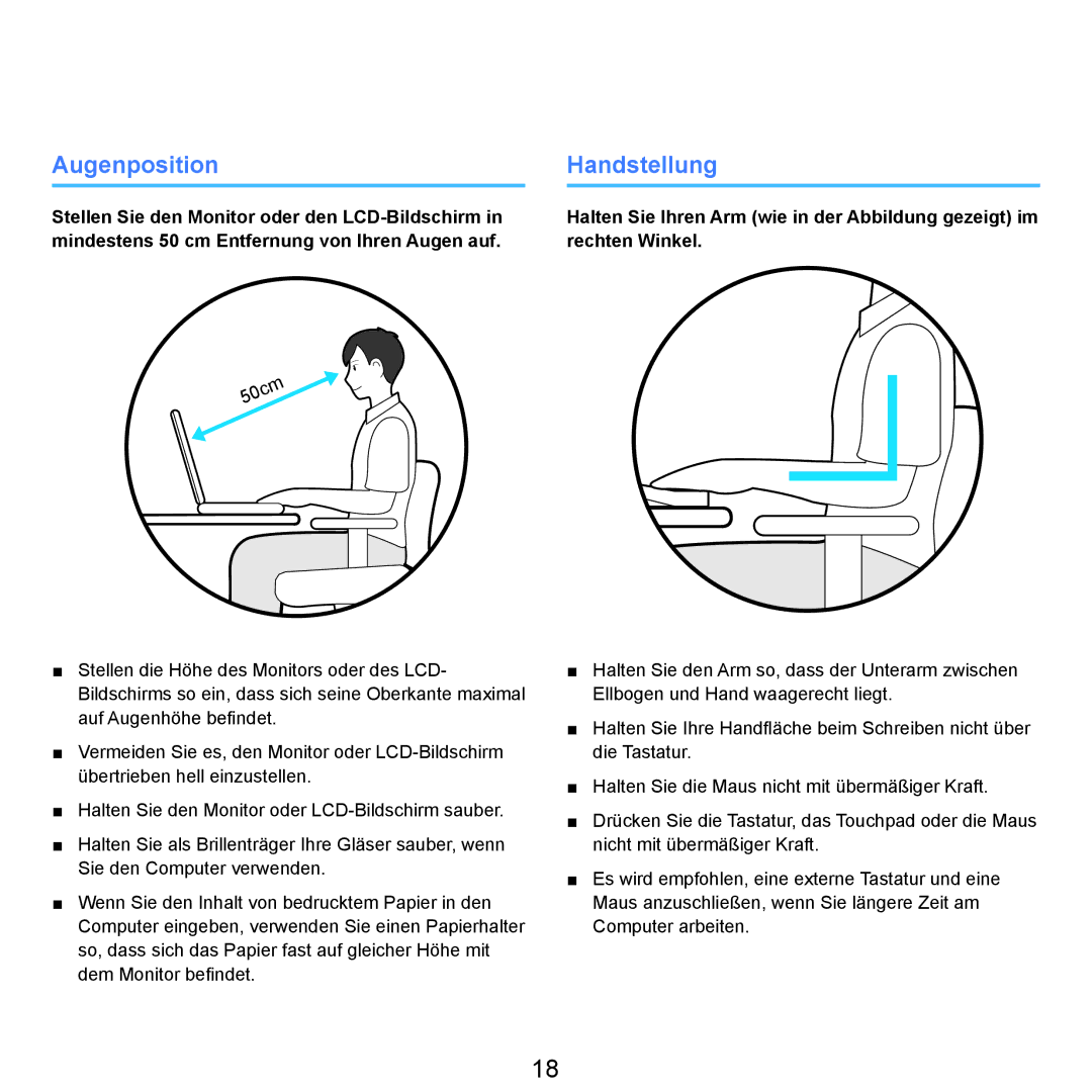 Samsung NP-R40FY07/SEG, NP-R40FY0B/SEG, NP-R40FY03/SEG, NP-R40FY01/SEG, NP-R40FY0C/SEG manual Augenposition, Handstellung 