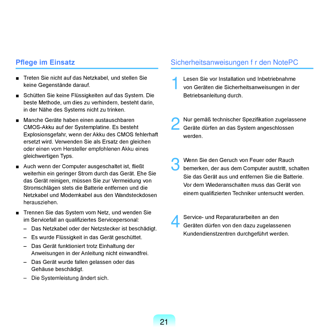 Samsung NP-R40FY02/SEG, NP-R40FY0B/SEG, NP-R40FY03/SEG manual Pflege im Einsatz, Sicherheitsanweisungen für den NotePC 