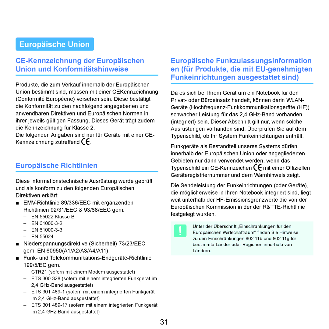 Samsung NP-R40FY01/SEG, NP-R40FY0B/SEG, NP-R40FY03/SEG, NP-R40FY0C/SEG manual Europäische Union, Europäische Richtlinien 