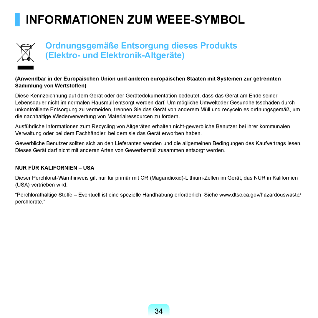 Samsung NP-R40FY09/SEG, NP-R40FY0B/SEG, NP-R40FY03/SEG, NP-R40FY01/SEG, NP-R40FY0C/SEG manual Informationen ZUM WEEE-SYMBOL 