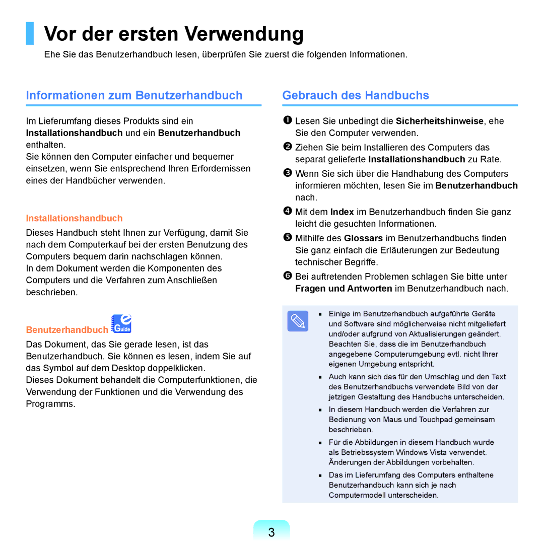 Samsung NP-R40FY07/SEG manual Vor der ersten Verwendung, Informationen zum Benutzerhandbuch, Gebrauch des Handbuchs 