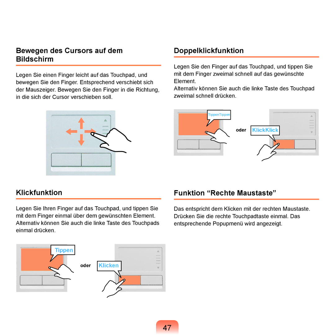 Samsung NP-R40FY0C/SEG, NP-R40FY0B/SEG manual Bewegen des Cursors auf dem Bildschirm, Klickfunktion, Doppelklickfunktion 