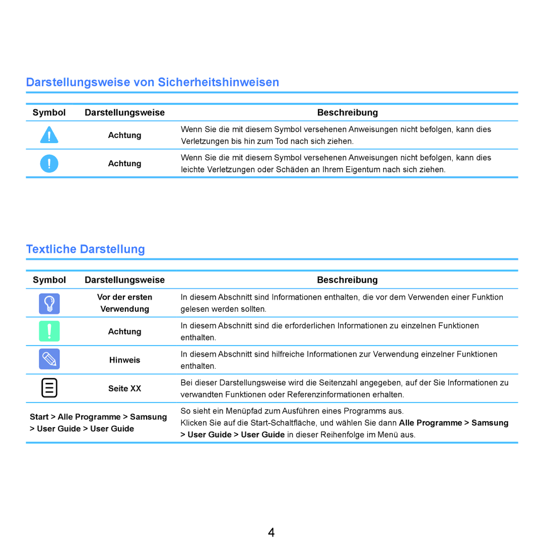 Samsung NP-R40FY09/SEG, NP-R40FY0B/SEG, NP-R40FY03/SEG Darstellungsweise von Sicherheitshinweisen, Textliche Darstellung 