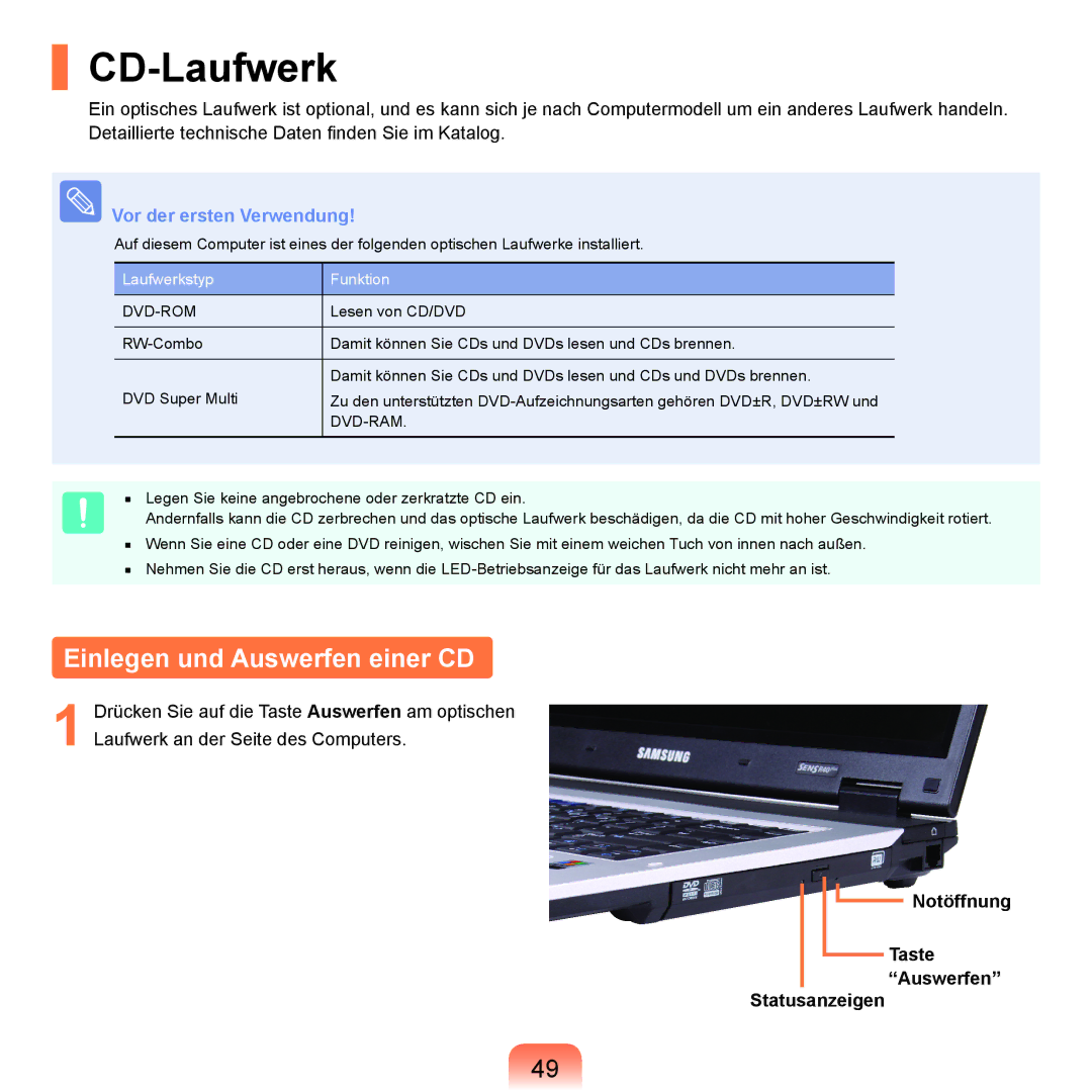 Samsung NP-R40FY09/SEG manual CD-Laufwerk, Einlegen und Auswerfen einer CD, Notöffnung Taste Auswerfen Statusanzeigen 