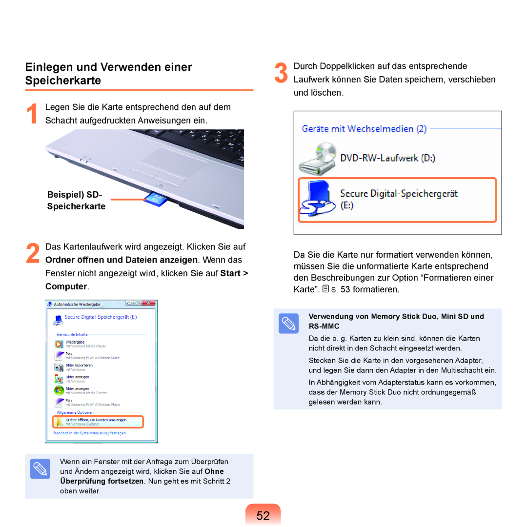 Samsung NP-R40FY0A/SEG, NP-R40FY0B/SEG manual Einlegen und Verwenden einer Speicherkarte, Beispiel SD Speicherkarte 