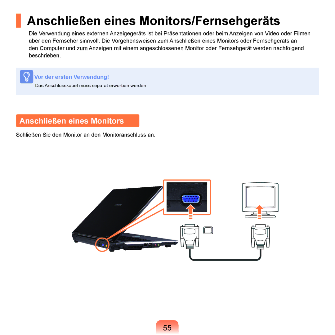 Samsung NP-R40FY06/SEG, NP-R40FY0B/SEG, NP-R40FY03/SEG, NP-R40FY01/SEG manual Anschließen eines Monitors/Fernsehgeräts 