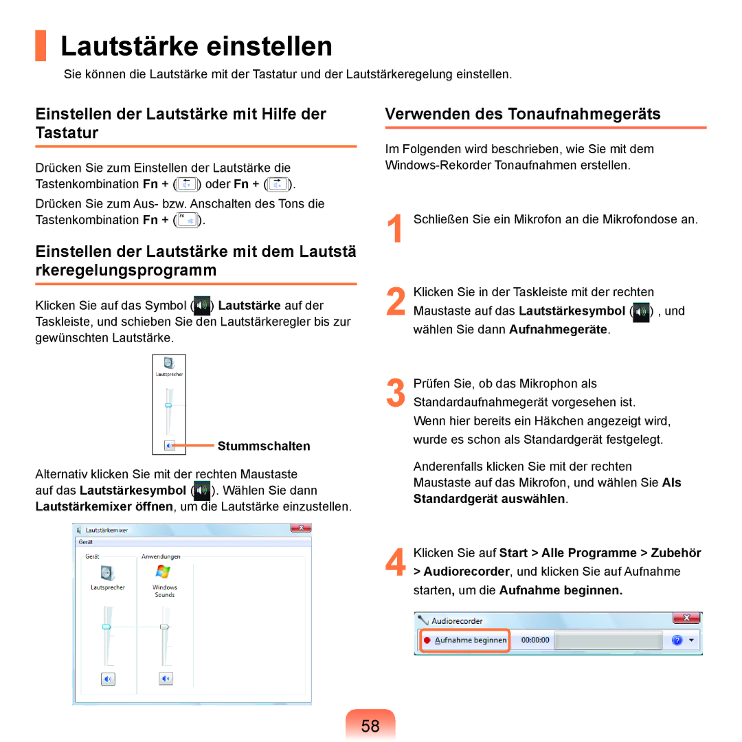 Samsung NP-R40FY00/SEG, NP-R40FY0B/SEG manual Lautstärke einstellen, Einstellen der Lautstärke mit Hilfe der Tastatur 