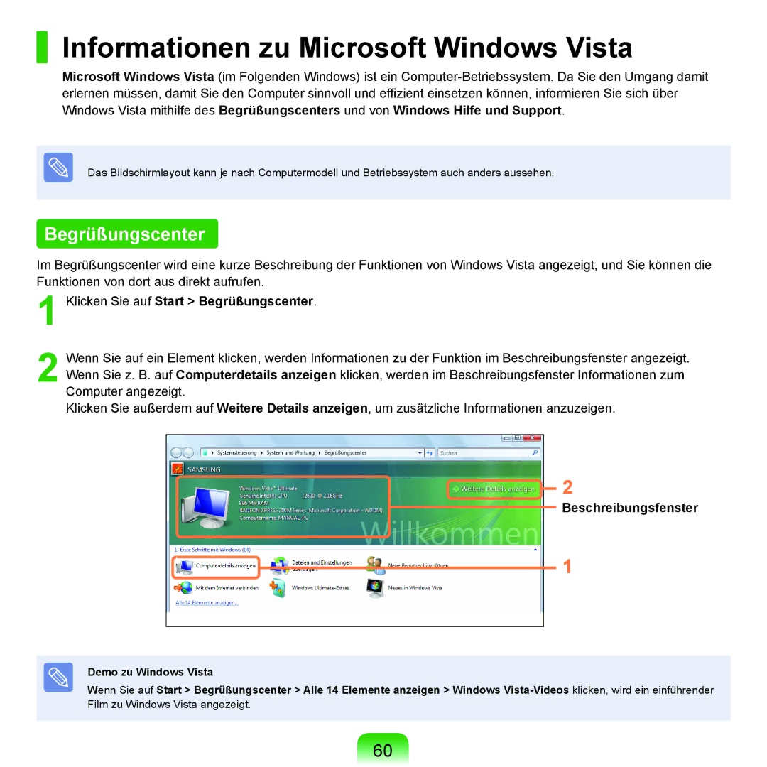 Samsung NP-R40FY03/SEG manual Informationen zu Microsoft Windows Vista, Klicken Sie auf Start Begrüßungscenter 