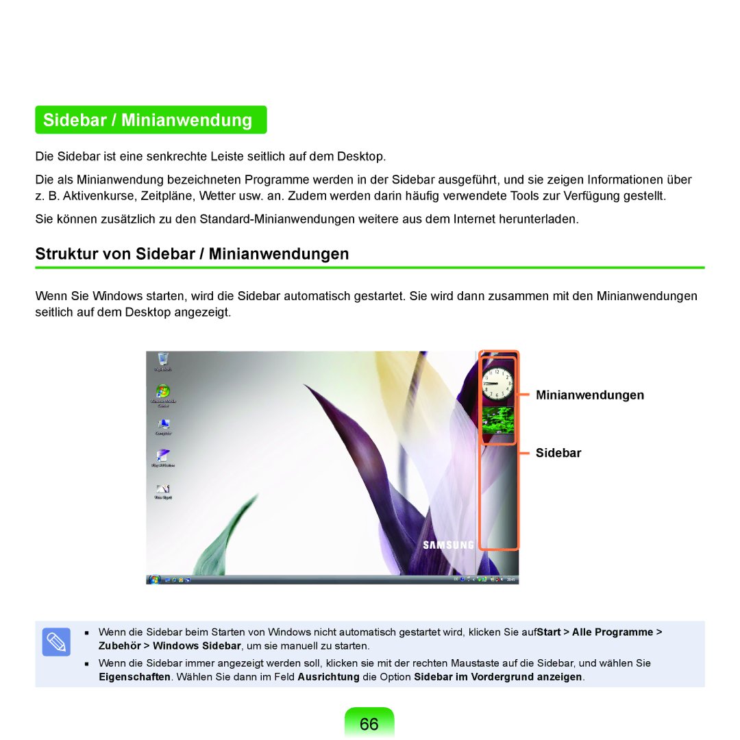 Samsung NP-R40FY02/SEG, NP-R40FY0B/SEG, NP-R40FY03/SEG Struktur von Sidebar / Minianwendungen, Minianwendungen Sidebar 