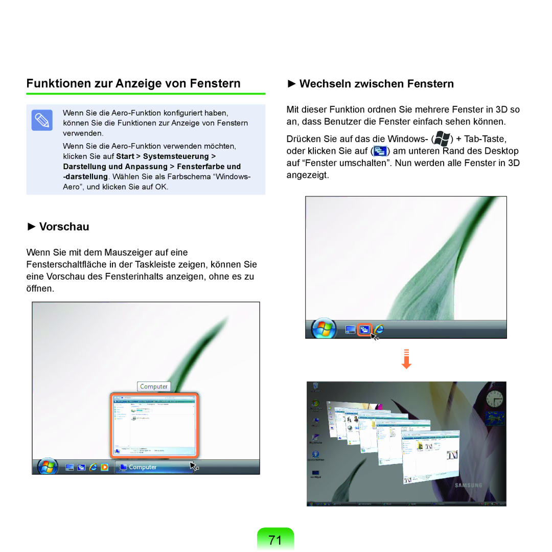 Samsung NP-R40FY0E/SEG, NP-R40FY0B/SEG Funktionen zur Anzeige von Fenstern, Darstellung und Anpassung Fensterfarbe und 