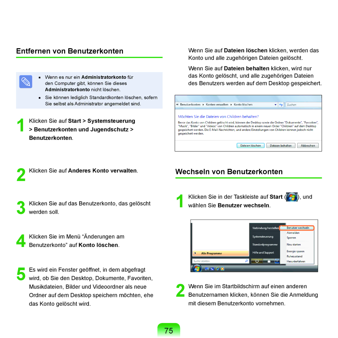 Samsung NP-R40FY03/SEG, NP-R40FY0B/SEG, NP-R40FY01/SEG manual Entfernen von Benutzerkonten, Wechseln von Benutzerkonten 