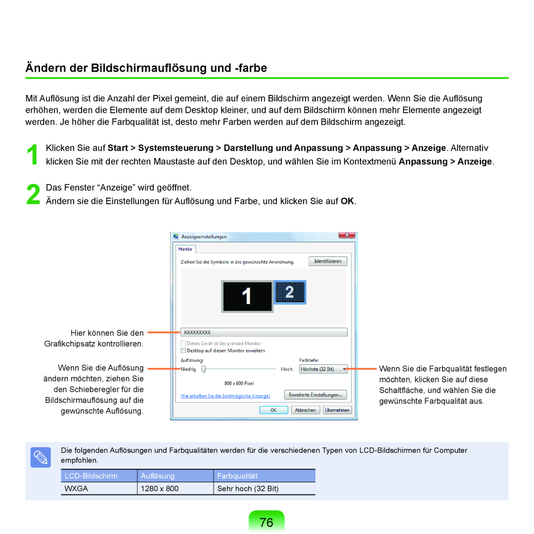 Samsung NP-R40FY01/SEG, NP-R40FY0B/SEG, NP-R40FY03/SEG, NP-R40FY0C/SEG manual Ändern der Bildschirmauflösung und -farbe 