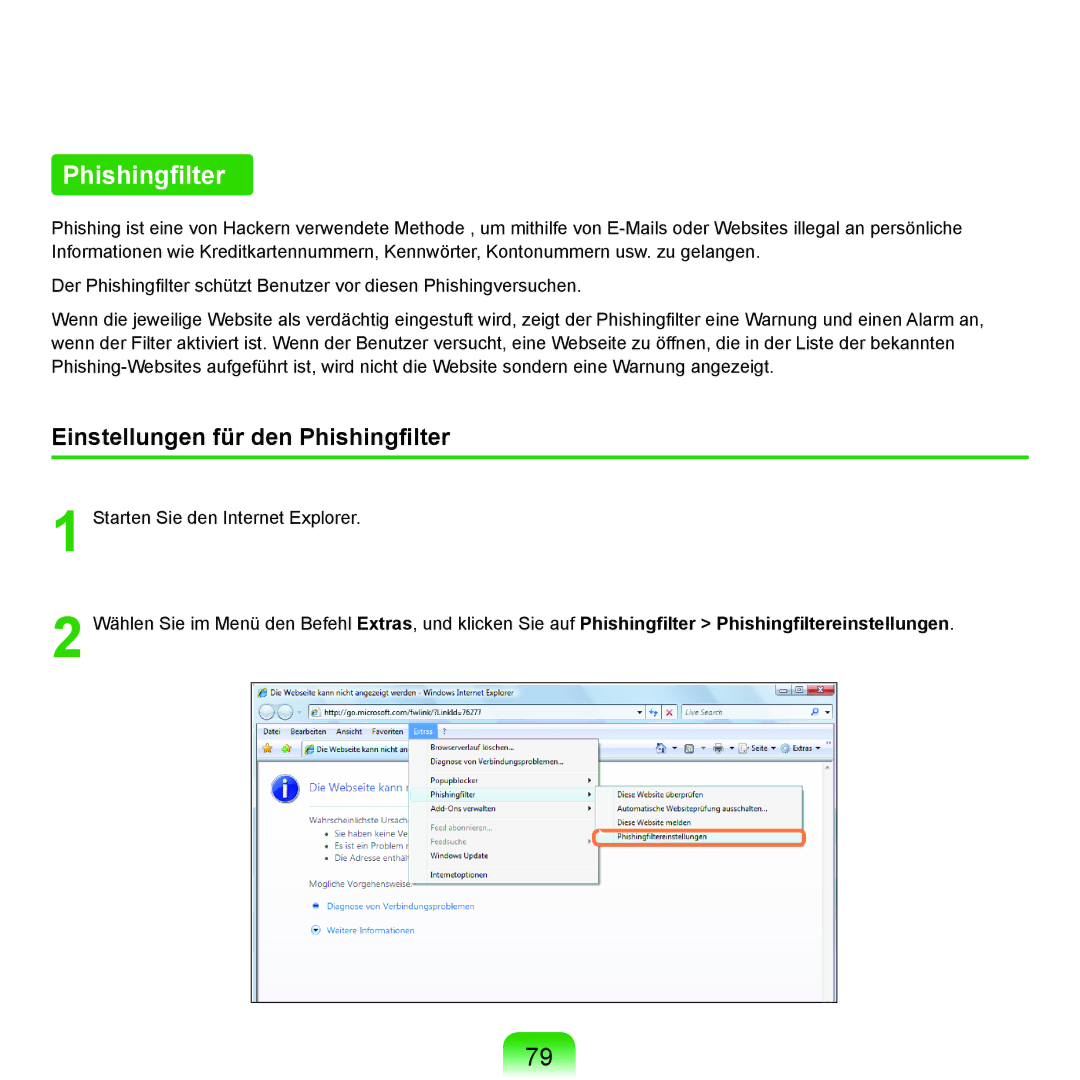 Samsung NP-R40FY09/SEG, NP-R40FY0B/SEG, NP-R40FY03/SEG, NP-R40FY01/SEG manual Einstellungen für den Phishingfilter 