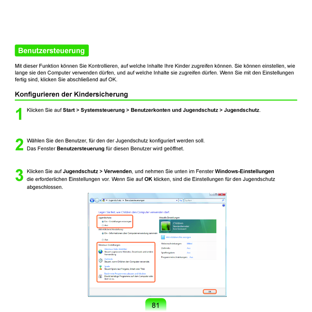 Samsung NP-R40FY02/SEG, NP-R40FY0B/SEG, NP-R40FY03/SEG, NP-R40FY01/SEG Benutzersteuerung, Konfigurieren der Kindersicherung 