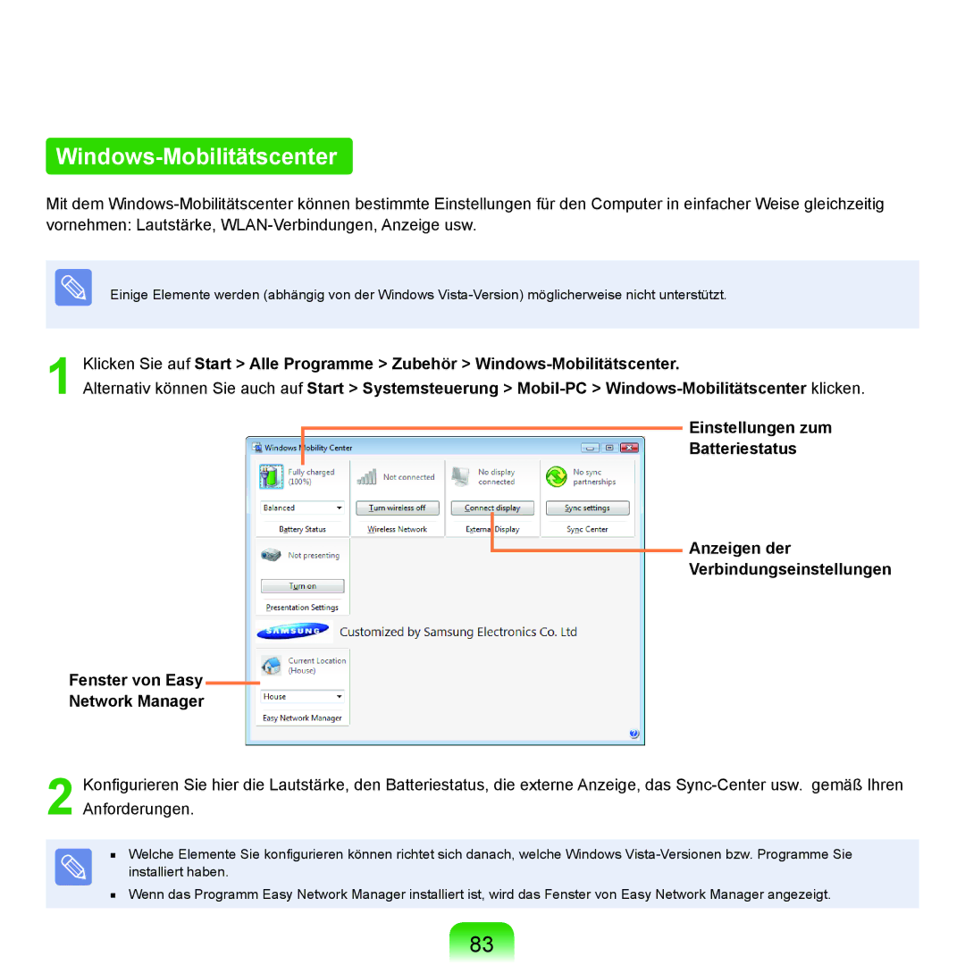 Samsung NP-R40FY04/SEG, NP-R40FY0B/SEG, NP-R40FY03/SEG, NP-R40FY01/SEG, NP-R40FY0C/SEG manual Windows-Mobilitätscenter 