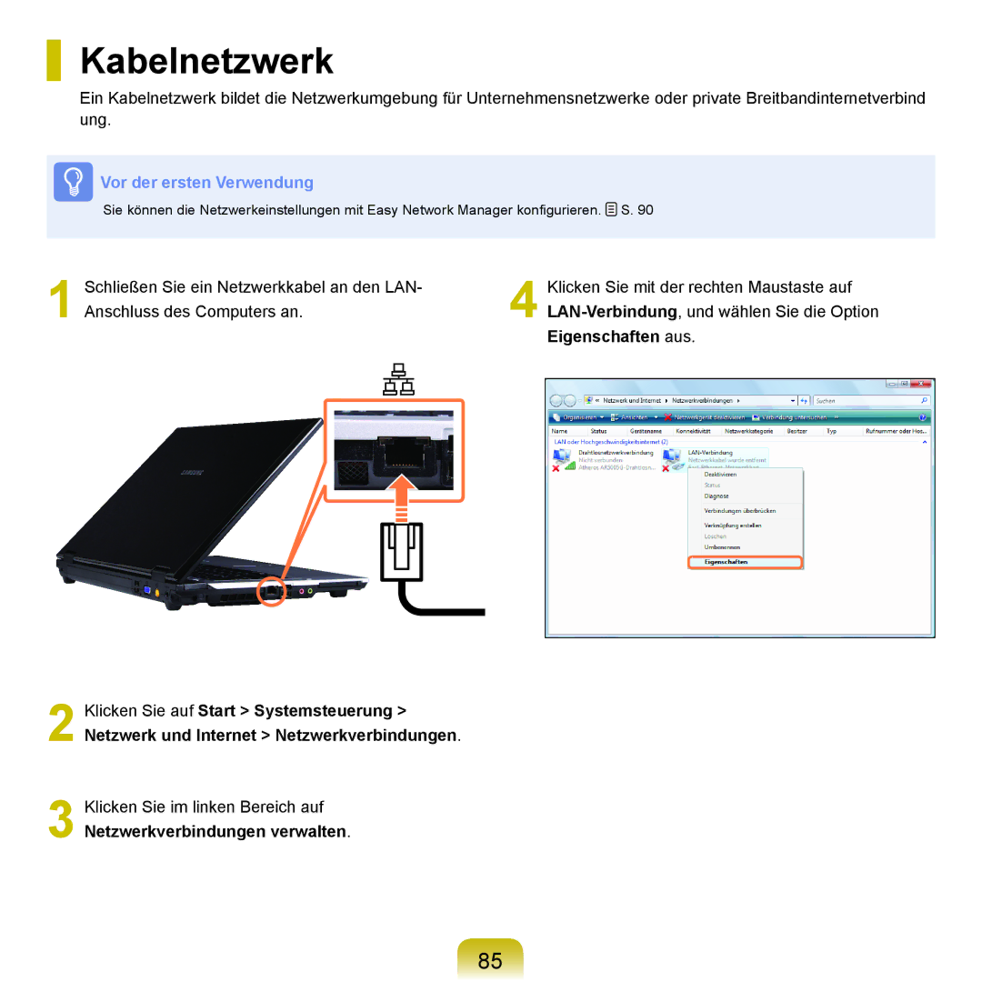 Samsung NP-R40FY06/SEG, NP-R40FY0B/SEG, NP-R40FY03/SEG, NP-R40FY01/SEG manual Kabelnetzwerk, Netzwerkverbindungen verwalten 