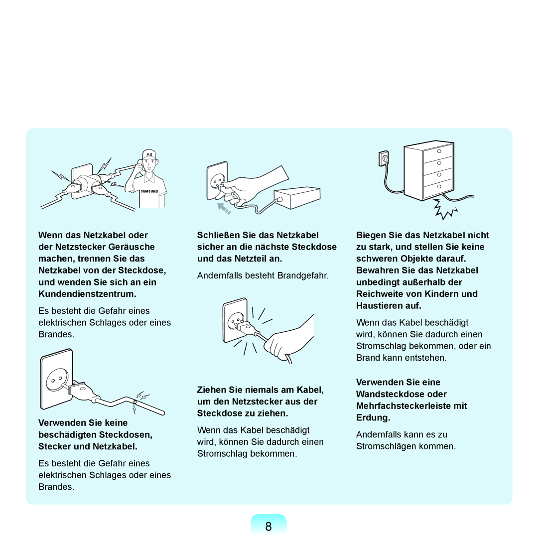 Samsung NP-R40FY04/SEG, NP-R40FY0B/SEG, NP-R40FY03/SEG, NP-R40FY01/SEG, NP-R40FY0C/SEG manual Andernfalls besteht Brandgefahr 