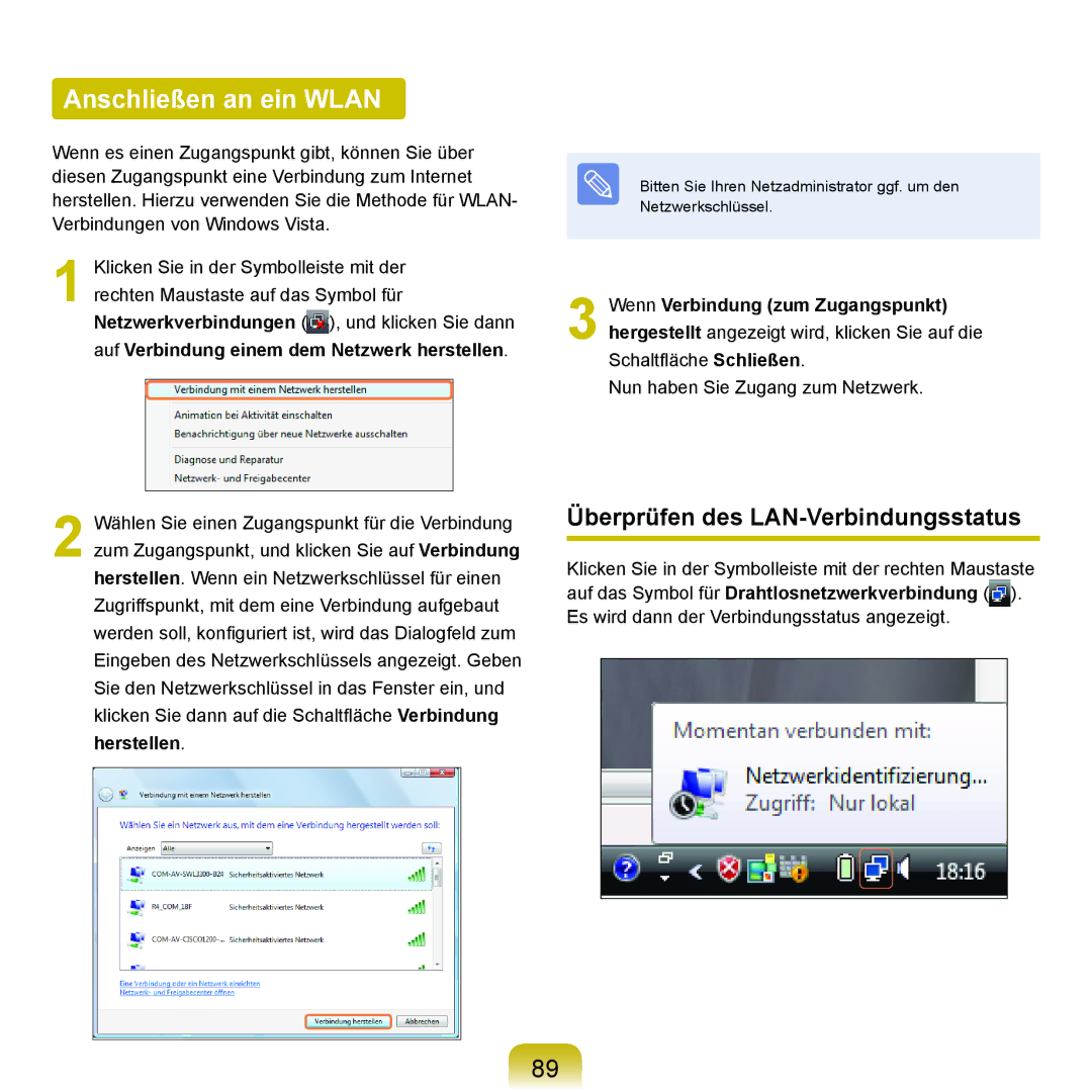 Samsung NP-R40FY0B/SEG Anschließen an ein Wlan, Überprüfen des LAN-Verbindungsstatus, Wenn Verbindung zum Zugangspunkt 