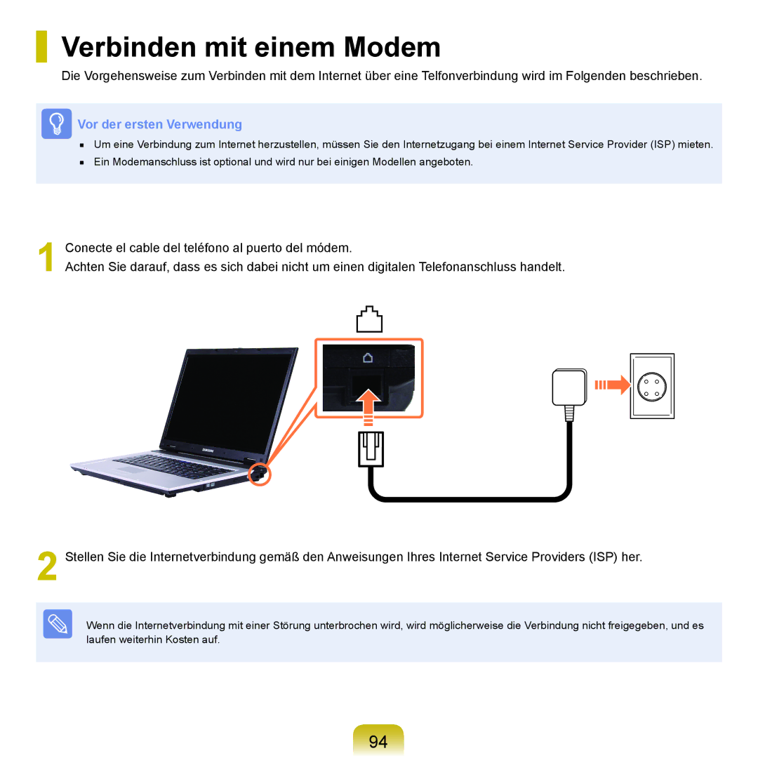 Samsung NP-R40FY09/SEG, NP-R40FY0B/SEG, NP-R40FY03/SEG, NP-R40FY01/SEG, NP-R40FY0C/SEG manual Verbinden mit einem Modem 