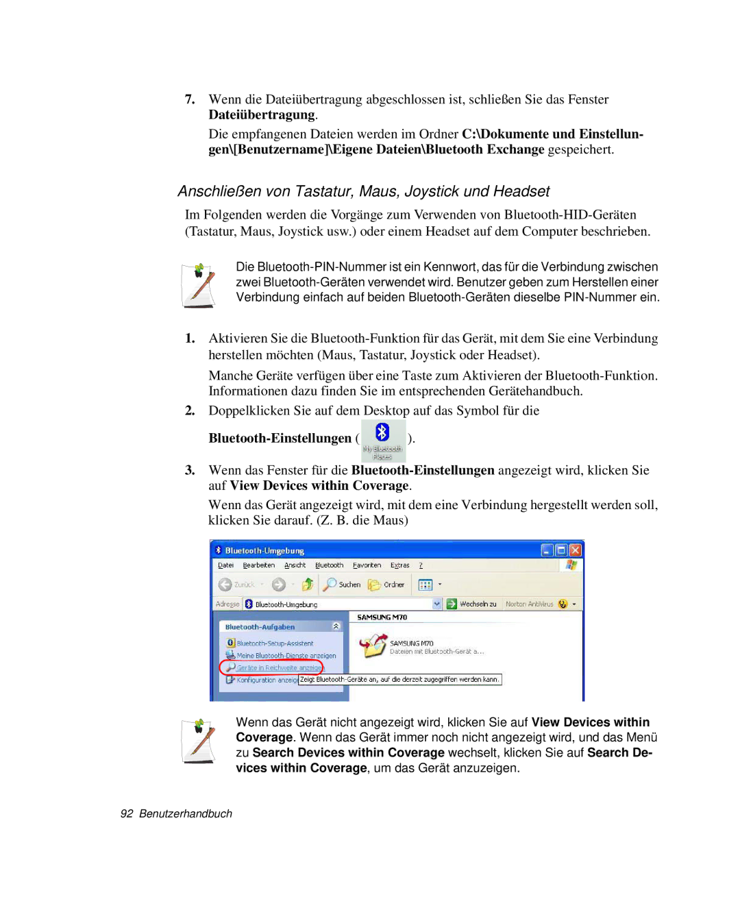 Samsung NP-R40FY03/SEG, NP-R40FY0B/SEG manual Anschließen von Tastatur, Maus, Joystick und Headset, Bluetooth-Einstellungen 