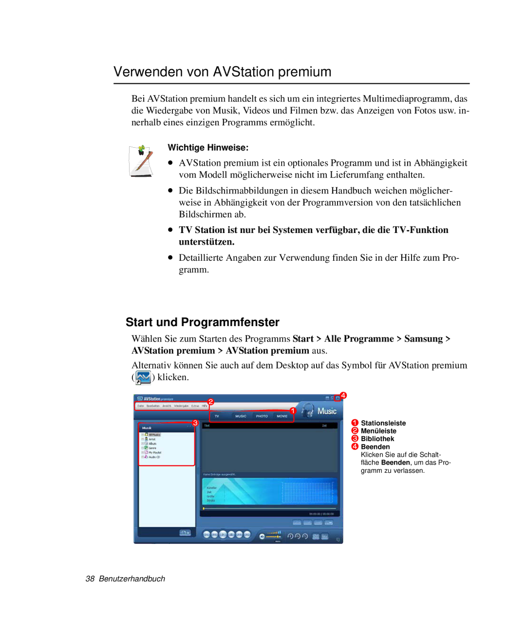 Samsung NP-R40FY0A/SEG, NP-R40FY0B/SEG manual Verwenden von AVStation premium, Start und Programmfenster, Wichtige Hinweise 