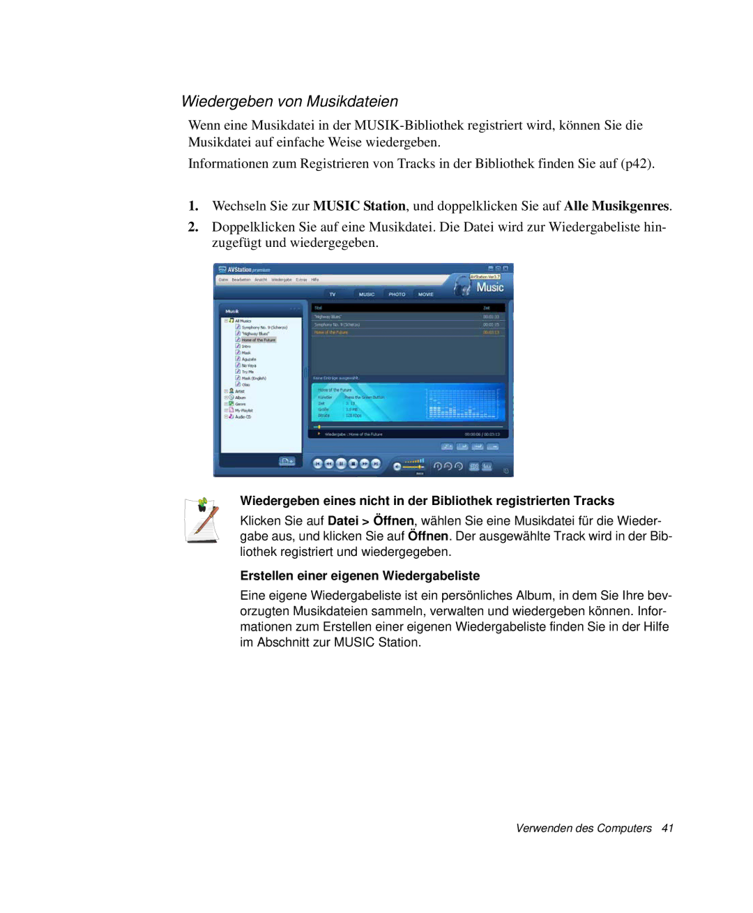 Samsung NP-R41G000/SEG, NP-R40FY0B/SEG manual Wiedergeben von Musikdateien, Erstellen einer eigenen Wiedergabeliste 