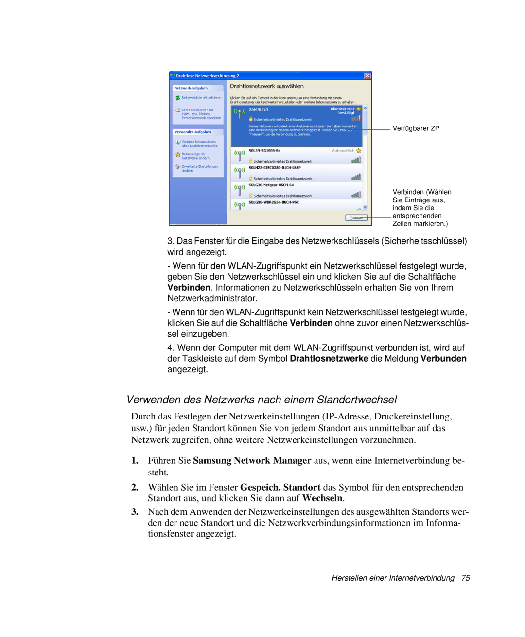 Samsung NP-R40FY0A/SEG, NP-R40FY0B/SEG, NP-R40FY03/SEG, NP-R40FY01/SEG Verwenden des Netzwerks nach einem Standortwechsel 