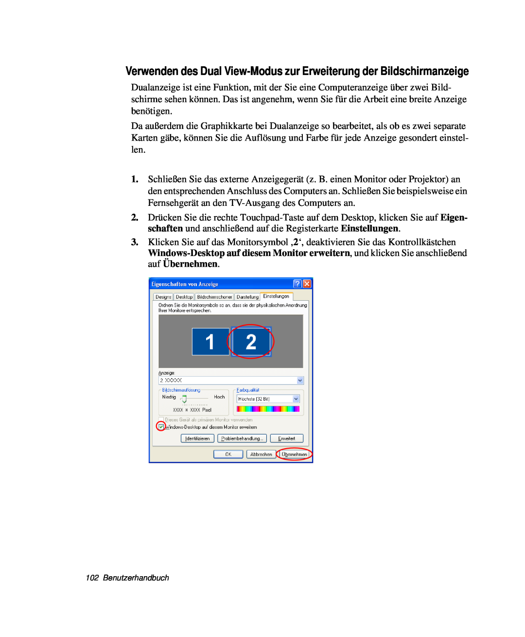 Samsung NP-R40K008/SEG manual Verwenden des Dual View-Modus zur Erweiterung der Bildschirmanzeige, Benutzerhandbuch 