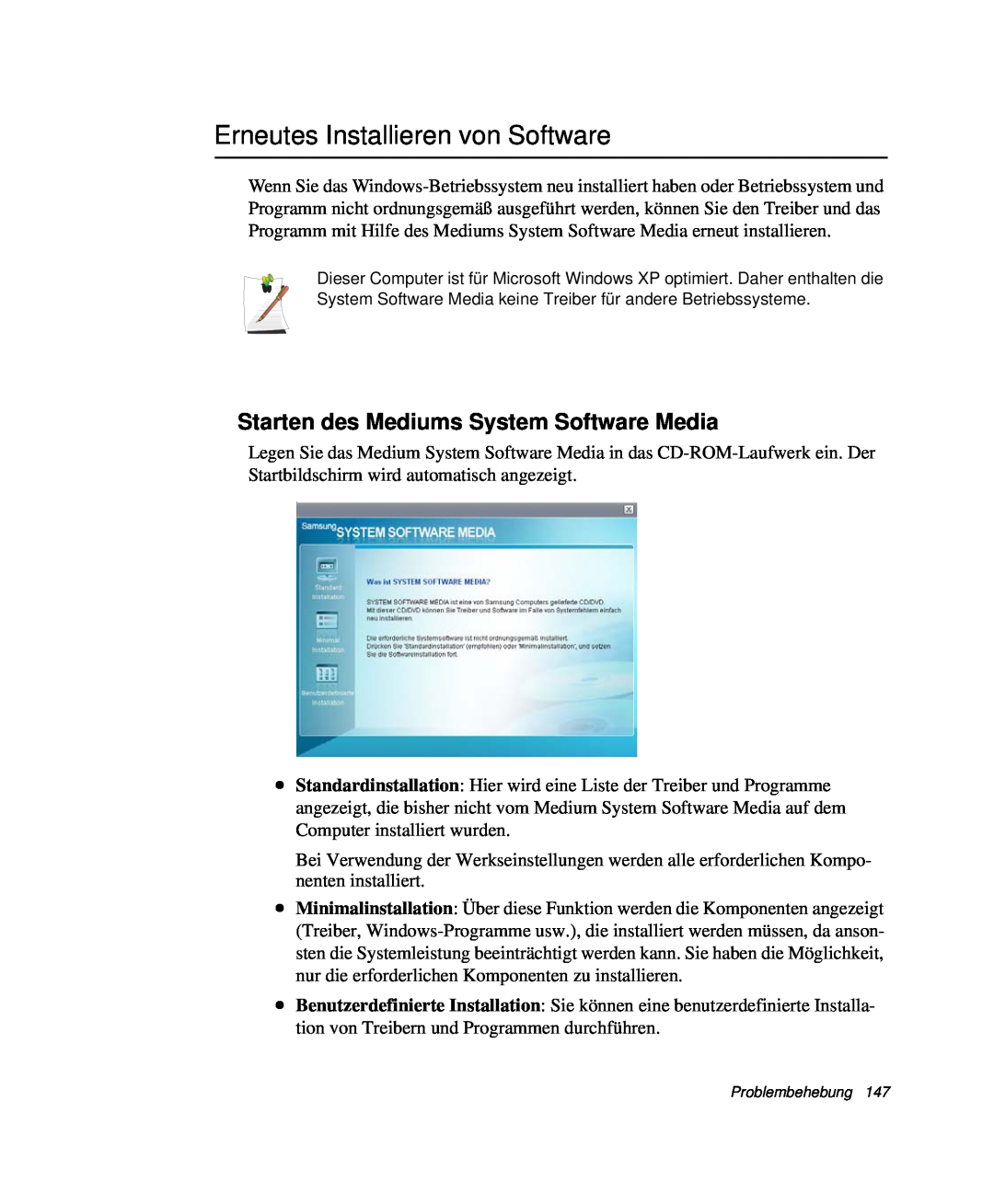 Samsung NP-R40FY05/SEG, NP-R40FY0B/SEG manual Erneutes Installieren von Software, Starten des Mediums System Software Media 