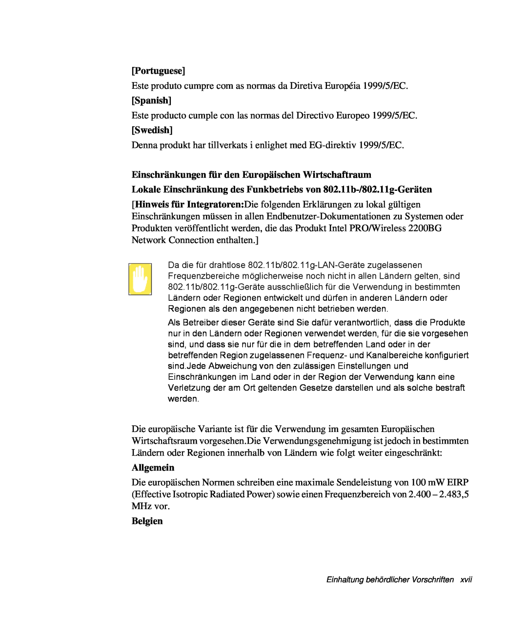 Samsung NP-R40/K00/SEG manual Portuguese, Spanish, Swedish, Einschränkungen für den Europäischen Wirtschaftraum, Allgemein 