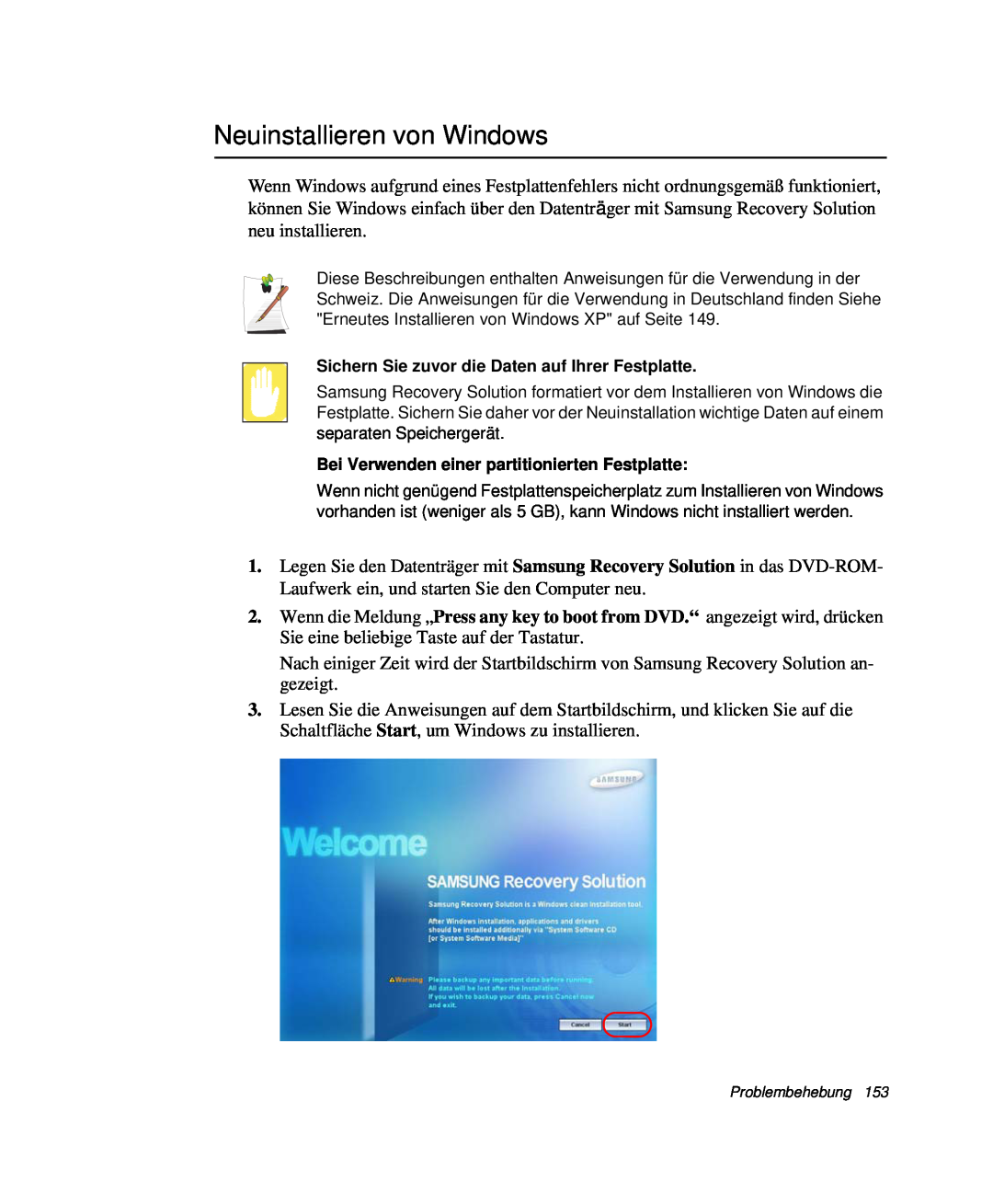 Samsung NP-R40K001/SEG, NP-R40FY0B/SEG manual Neuinstallieren von Windows, Sichern Sie zuvor die Daten auf Ihrer Festplatte 