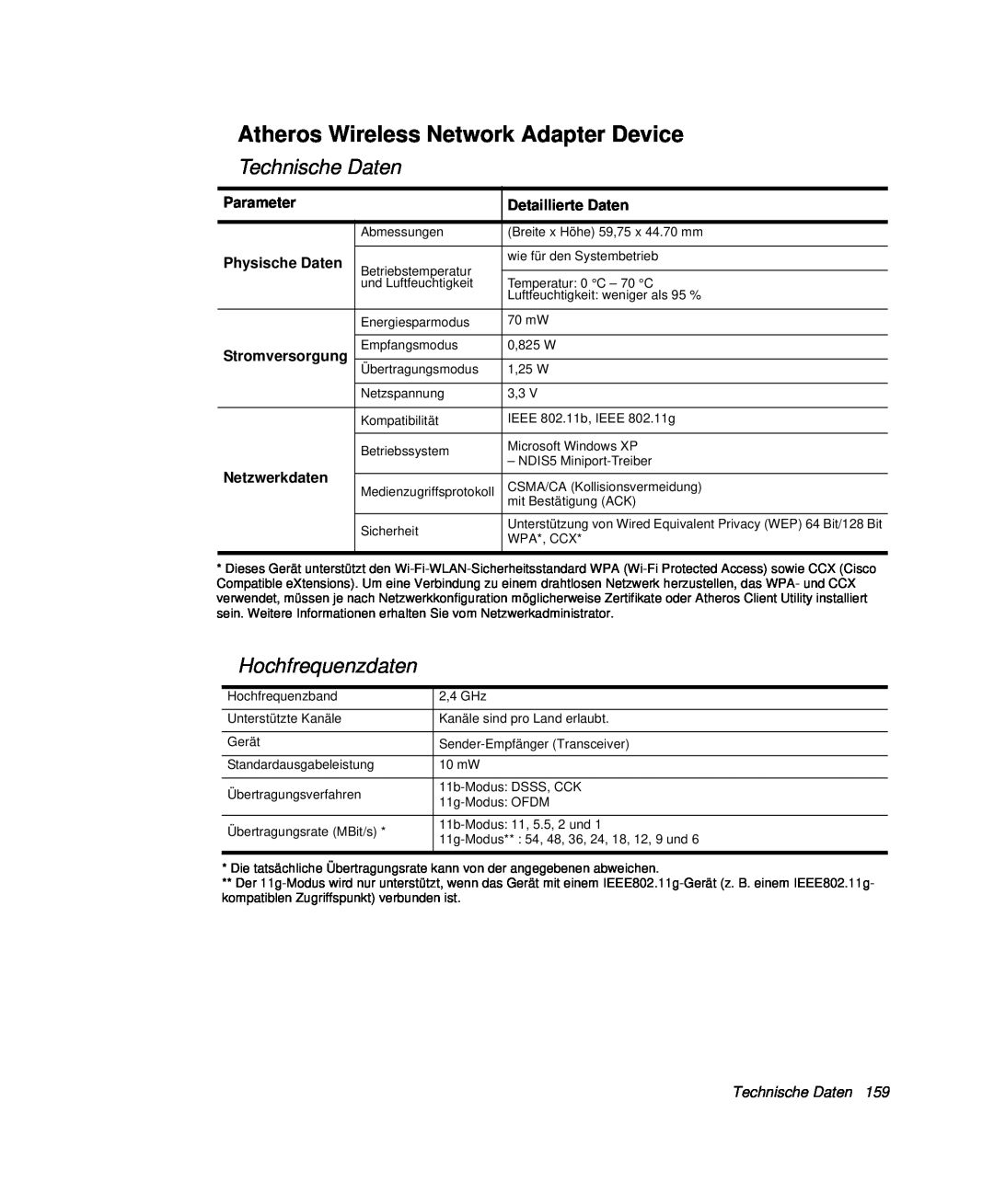 Samsung NP-R40FY08/SEG manual Atheros Wireless Network Adapter Device, Technische Daten, Hochfrequenzdaten, Parameter 