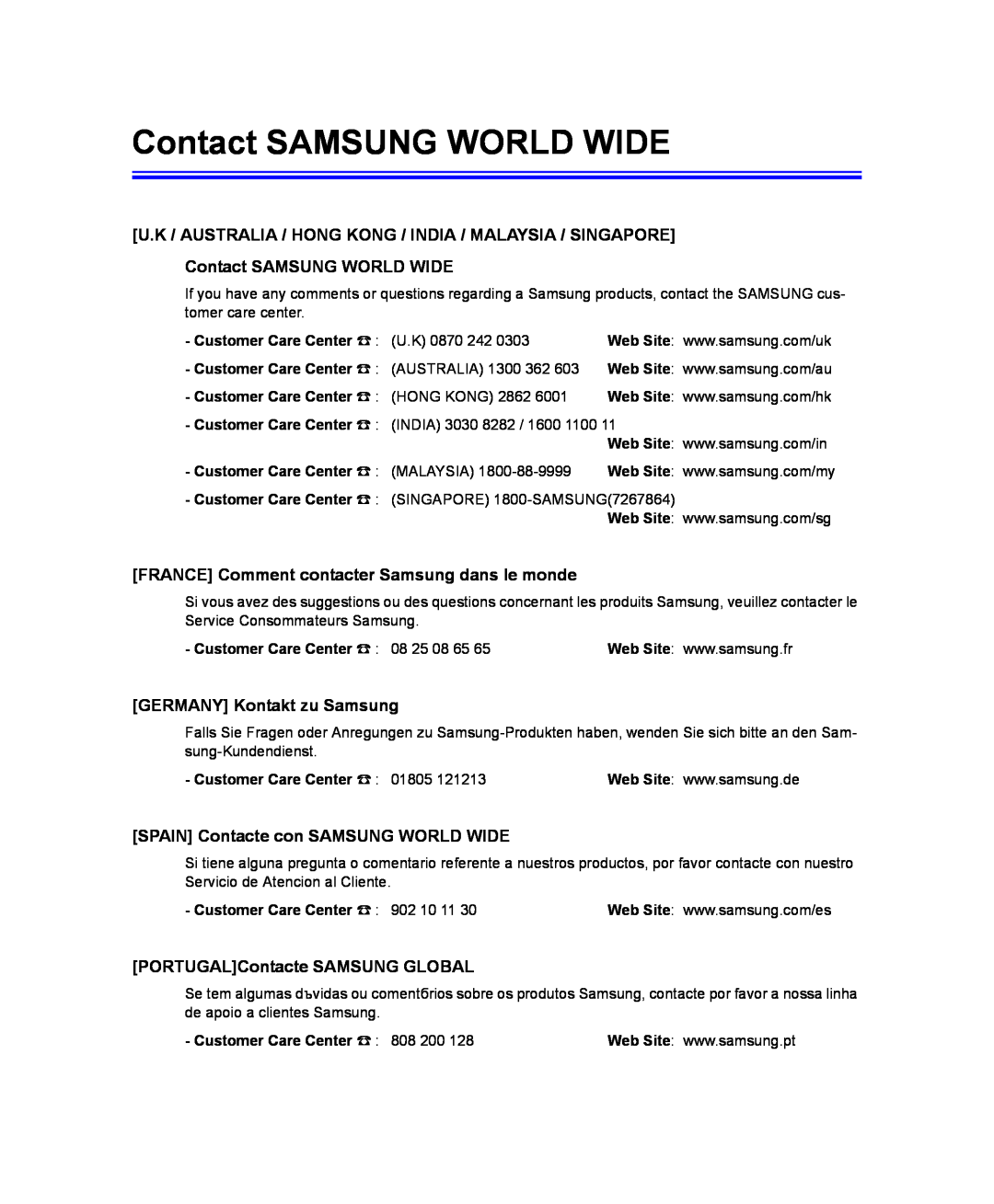 Samsung NP-R40FY01/SEG Contact SAMSUNG WORLD WIDE, U.K / Australia / Hong Kong / India / Malaysia / Singapore, Web Site 