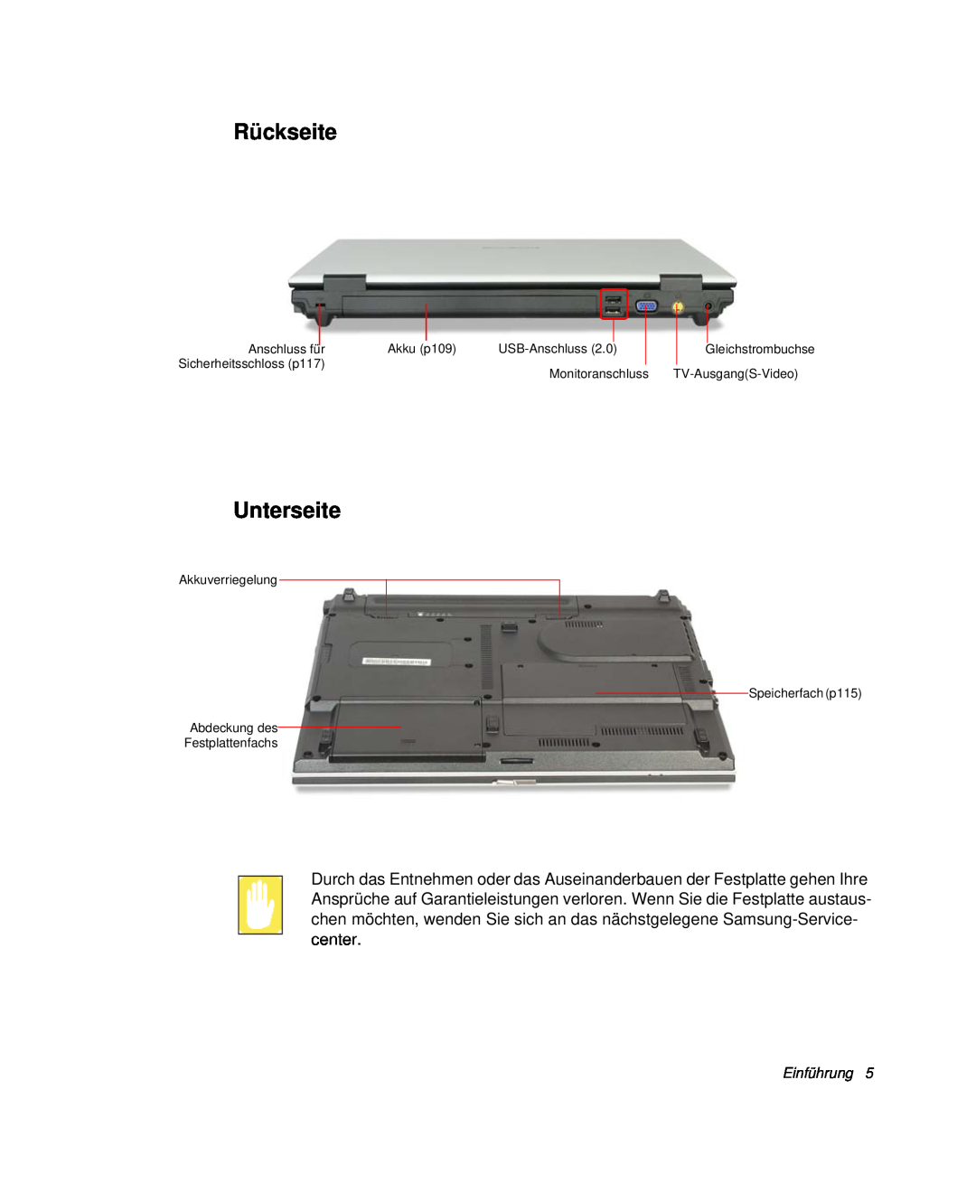 Samsung NP-R40K001/SEG manual Rückseite, Unterseite, Anschluss für, Akku p109, Sicherheitsschloss p117, Monitoranschluss 