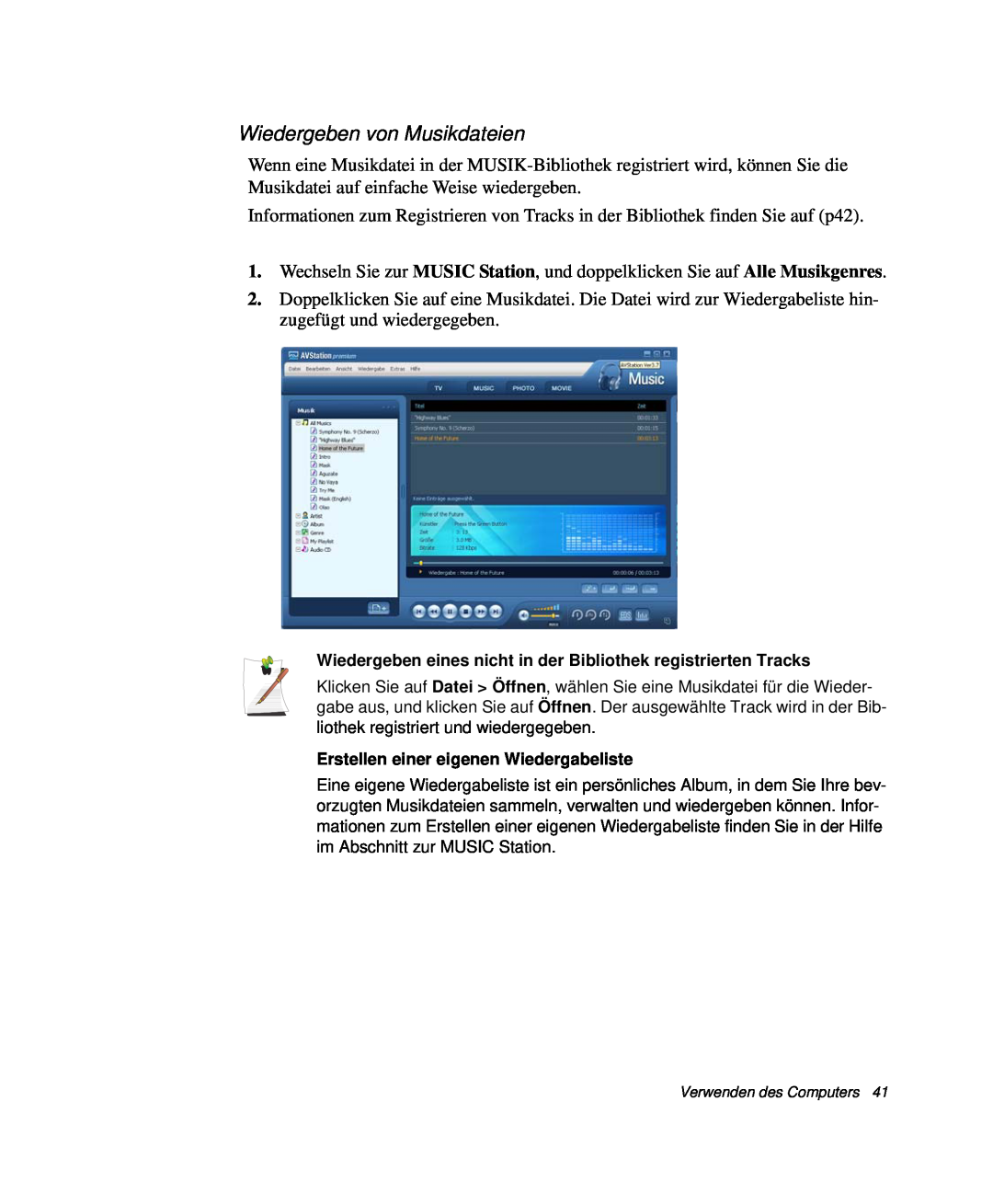 Samsung NP-R41G000/SEG manual Wiedergeben von Musikdateien, Wiedergeben eines nicht in der Bibliothek registrierten Tracks 