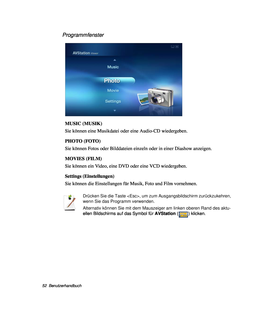Samsung NP-R40FY0D/SEG, NP-R40FY0B/SEG manual Programmfenster, Settings Einstellungen, Music Musik, Photo Foto, Movies Film 