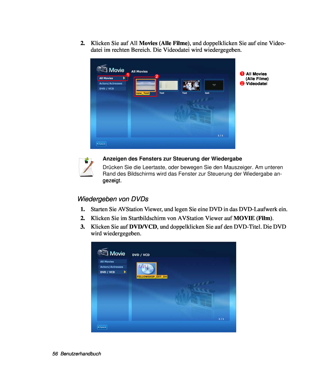 Samsung NP-R40FY01/SEG manual Wiedergeben von DVDs, Klicken Sie im Startbildschirm von AVStation Viewer auf MOVIE Film 