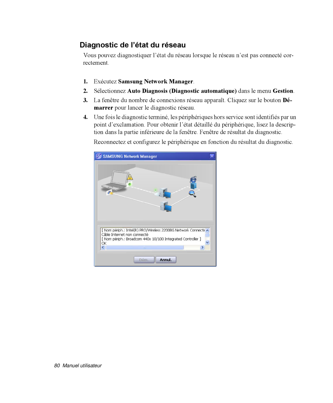 Samsung NP-R40K001/SEF, NP-R40R001/SEF, NP-R40FY00/SEF, NP-R40FY01/SEF, NP-R40R000/SEF manual Diagnostic de l’état du réseau 