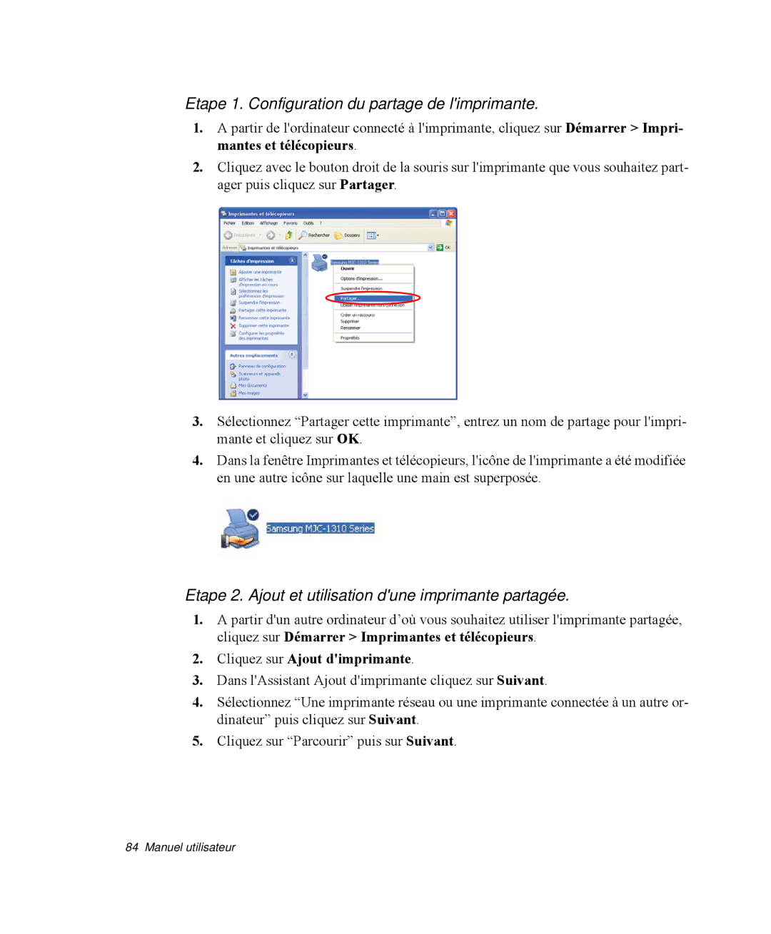 Samsung NP-R40R005/SEF, NP-R40R001/SEF Etape 1. Configuration du partage de limprimante, Cliquez sur Ajout dimprimante 