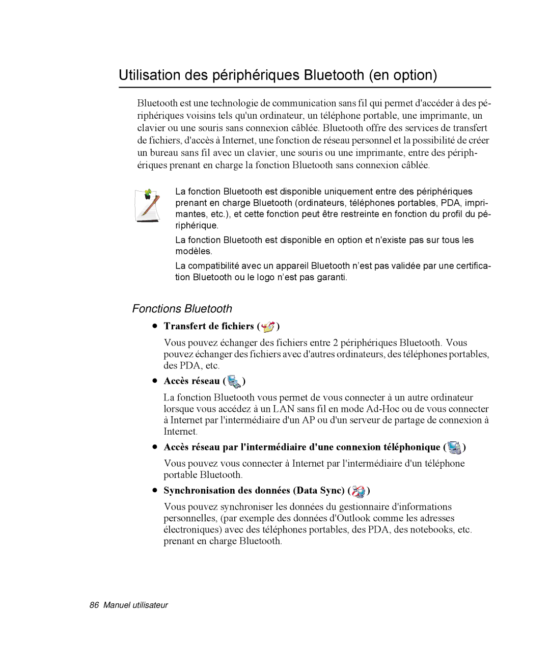 Samsung NP-R40FY02/SEF manual Utilisation des périphériques Bluetooth en option, Fonctions Bluetooth, Transfert de fichiers 