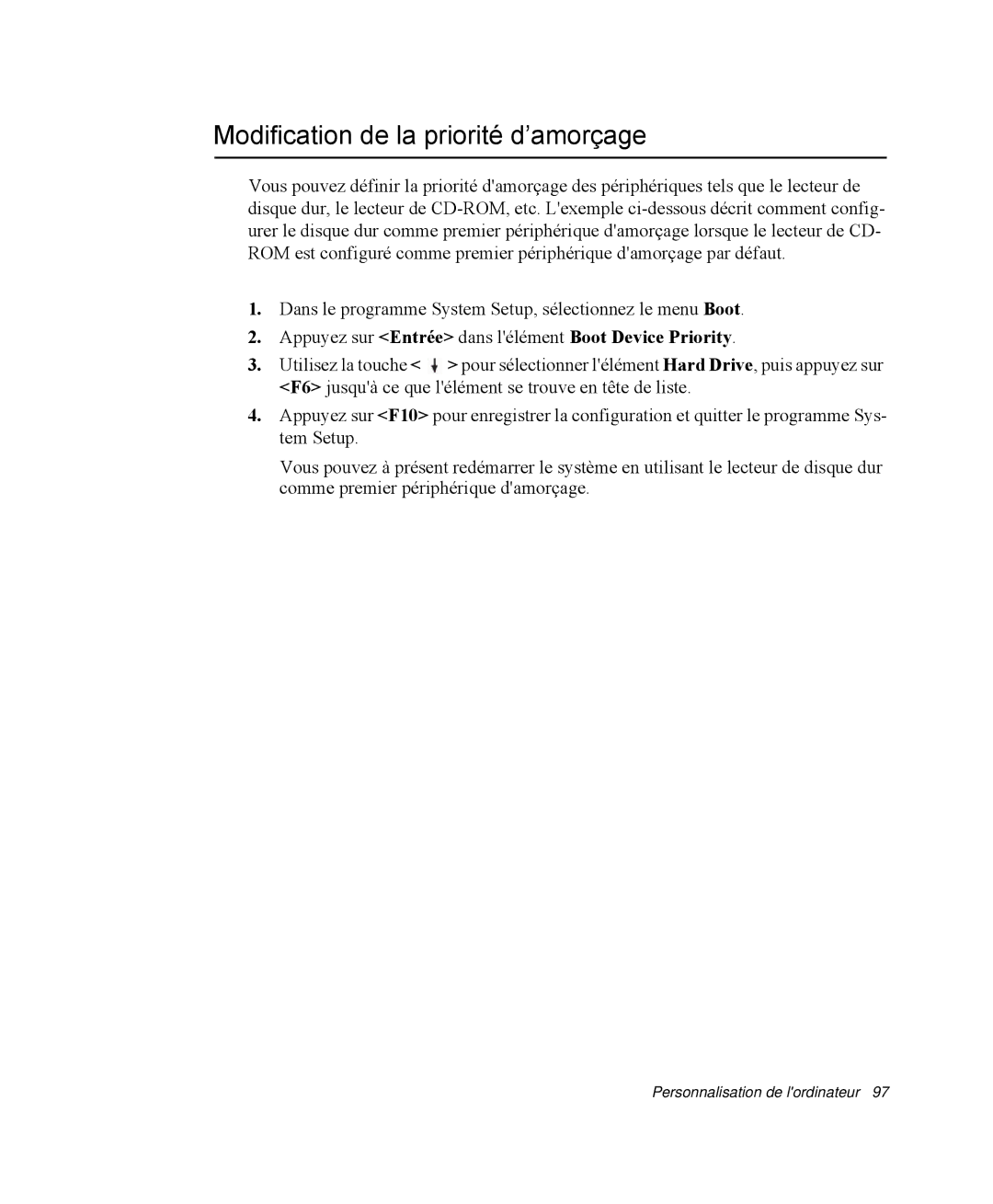 Samsung NP-R40E000/SEF manual Modification de la priorité d’amorçage, Appuyez sur Entrée dans lélément Boot Device Priority 