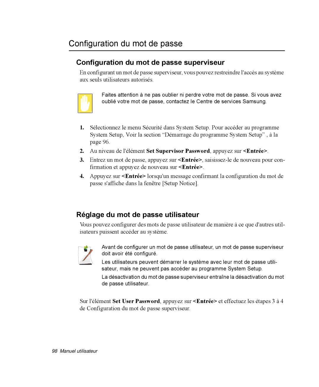 Samsung NP-R40K001/SEF, NP-R40R001/SEF Configuration du mot de passe superviseur, Réglage du mot de passe utilisateur 