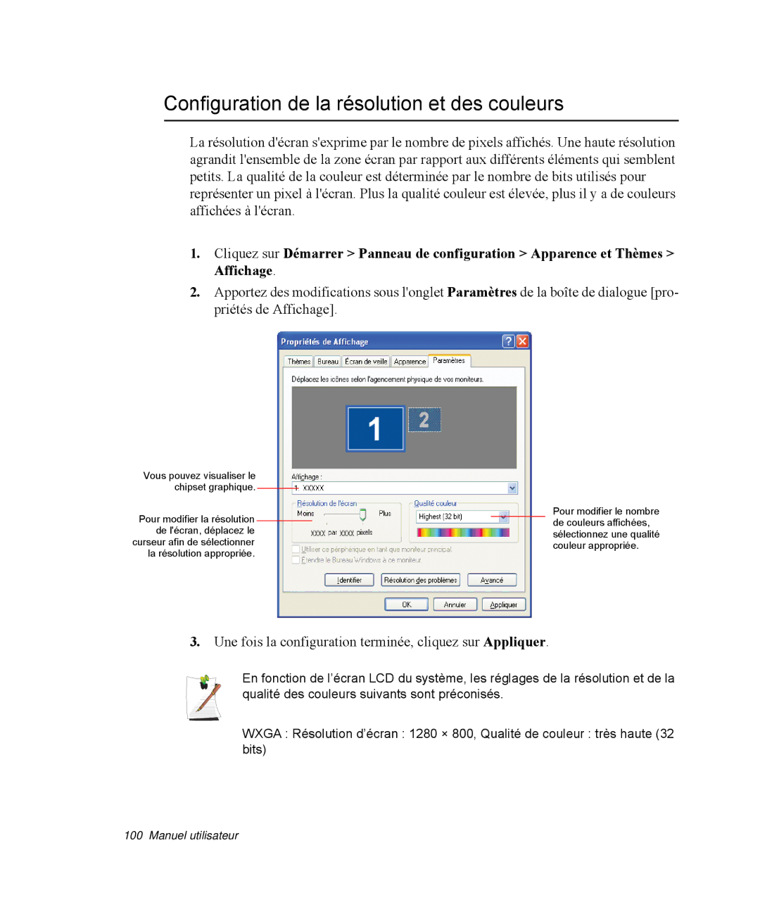 Samsung NP-R40FY05/SEF, NP-R40R001/SEF, NP-R40FY00/SEF, NP-R40FY01/SEF manual Configuration de la résolution et des couleurs 