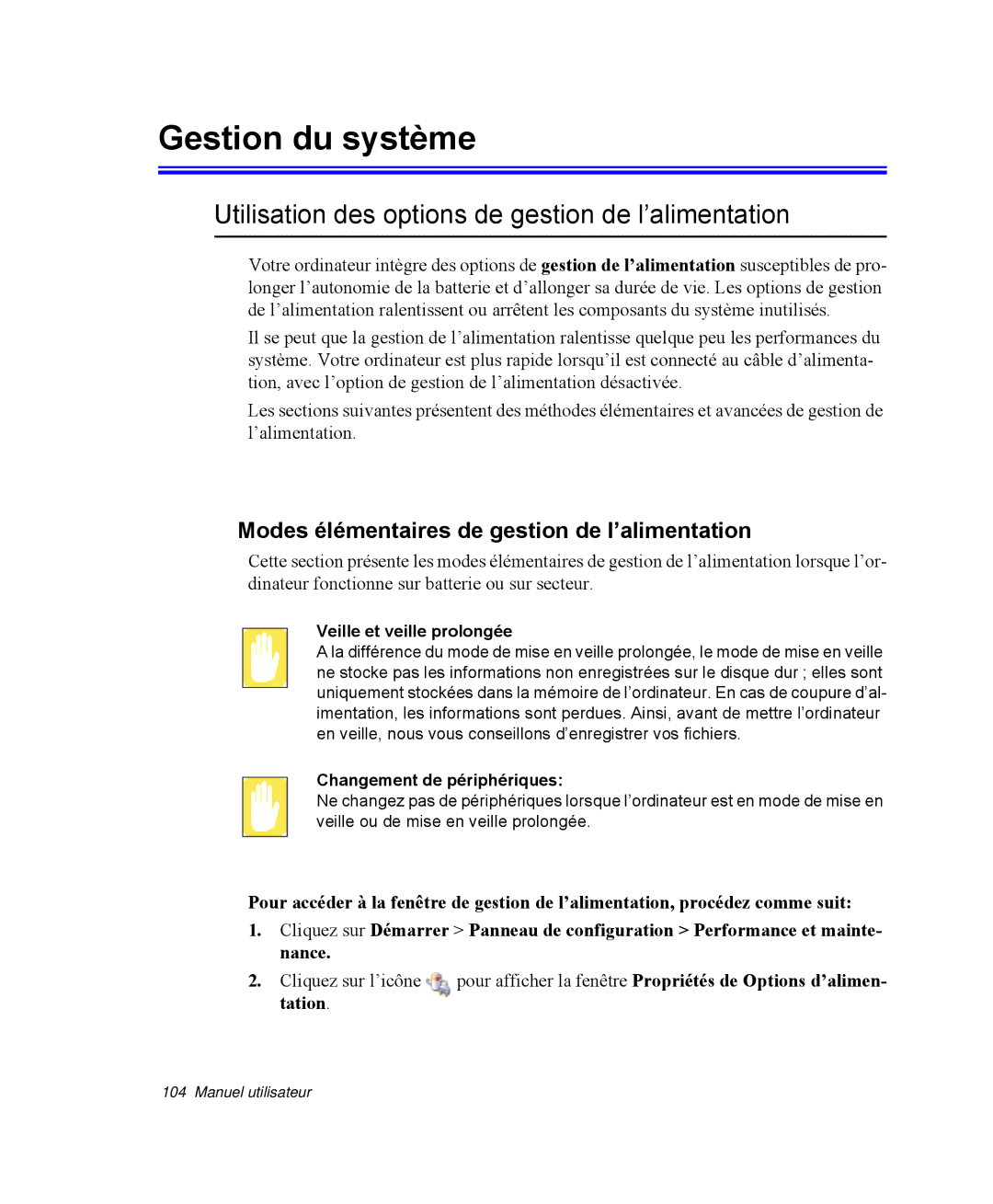 Samsung NP-R40FY02/SEF, NP-R40R001/SEF manual Gestion du système, Utilisation des options de gestion de l’alimentation 