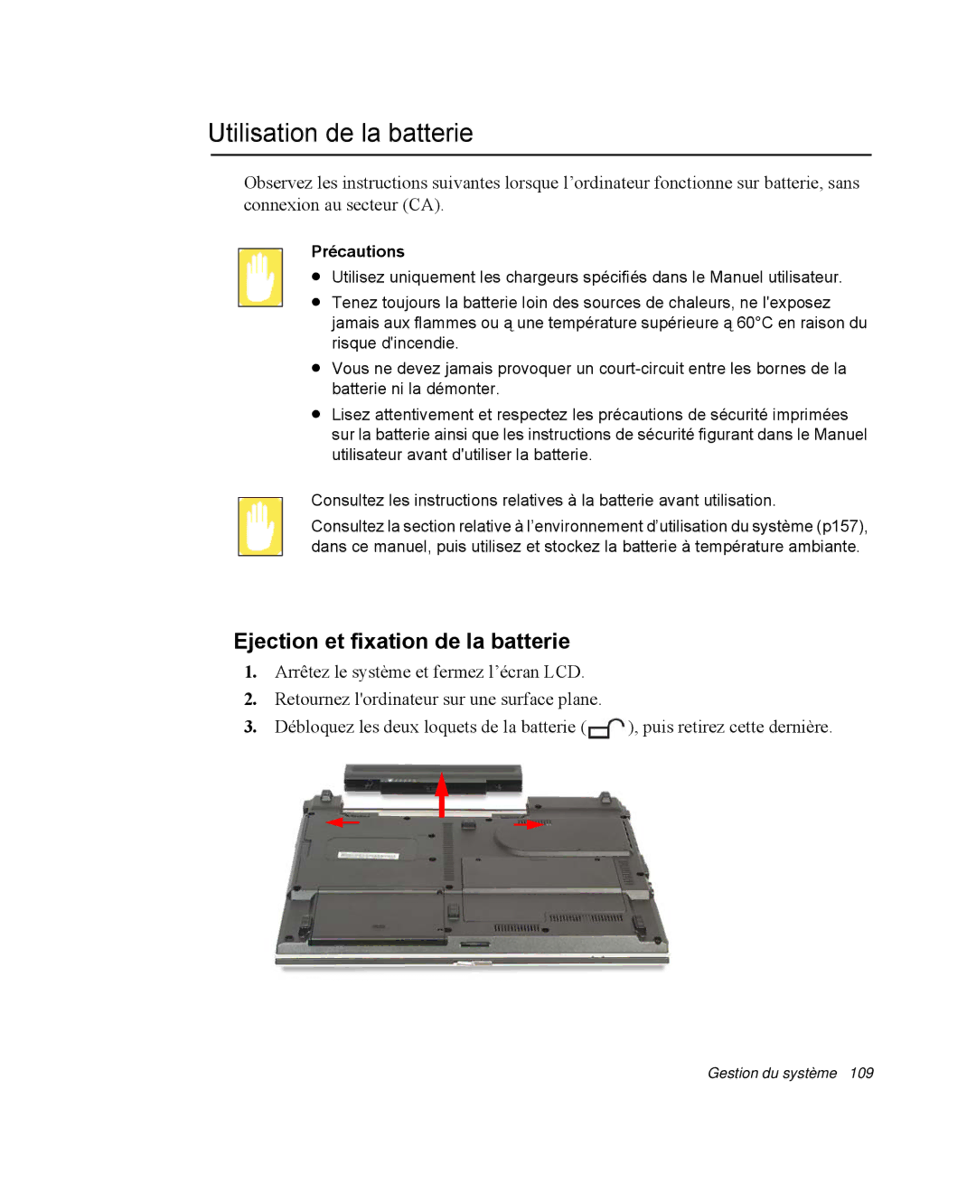 Samsung NP-R40R000/SEF, NP-R40R001/SEF manual Utilisation de la batterie, Ejection et fixation de la batterie, Précautions 