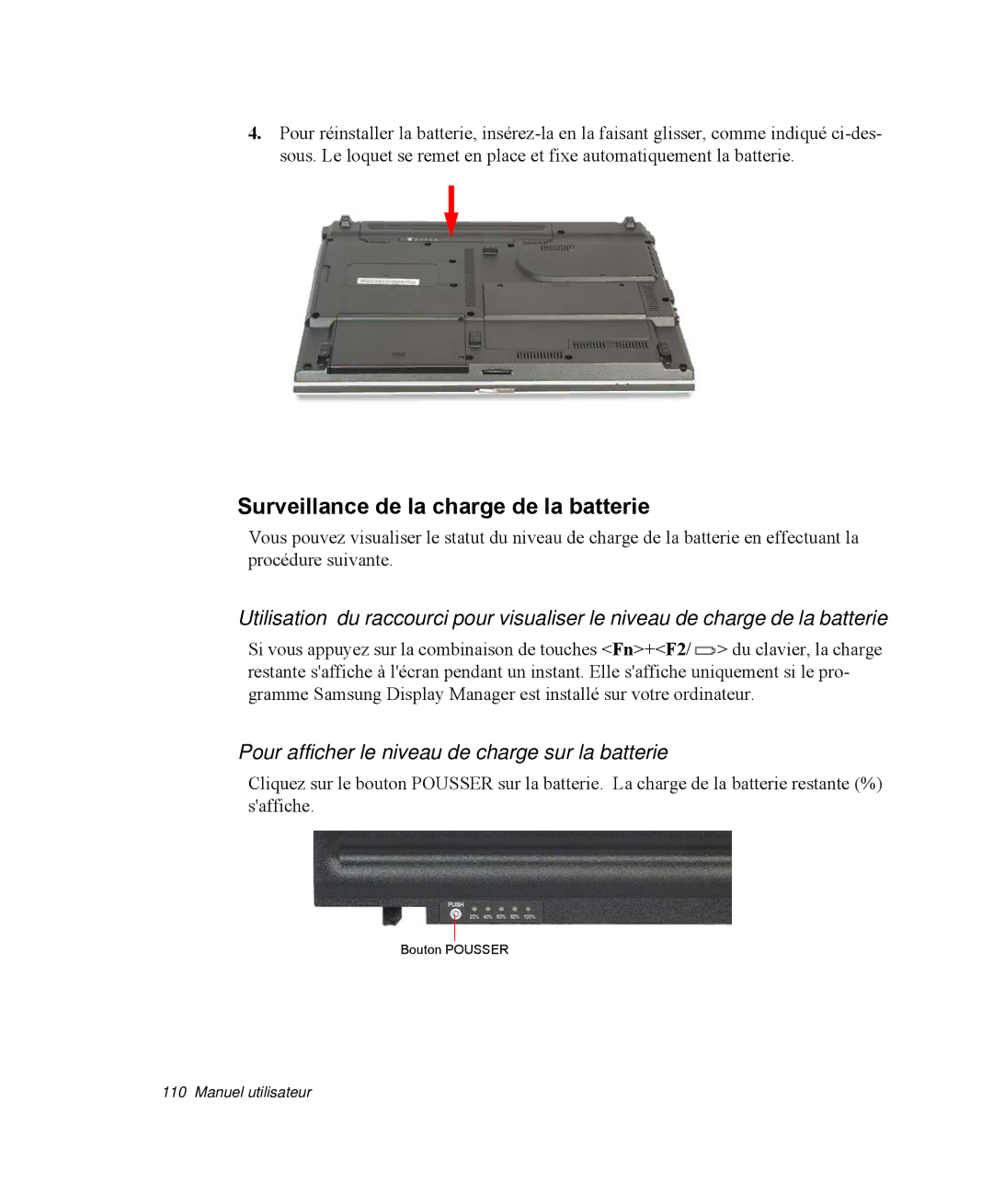 Samsung NP-R40FY03/SEF manual Surveillance de la charge de la batterie, Pour afficher le niveau de charge sur la batterie 