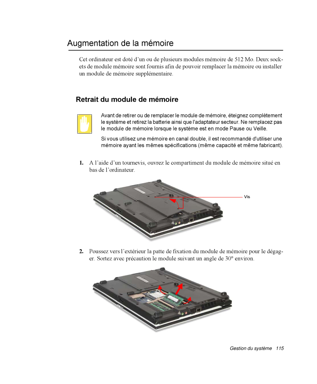 Samsung NP-R40E000/SEF, NP-R40R001/SEF, NP-R40FY00/SEF manual Augmentation de la mémoire, Retrait du module de mémoire 