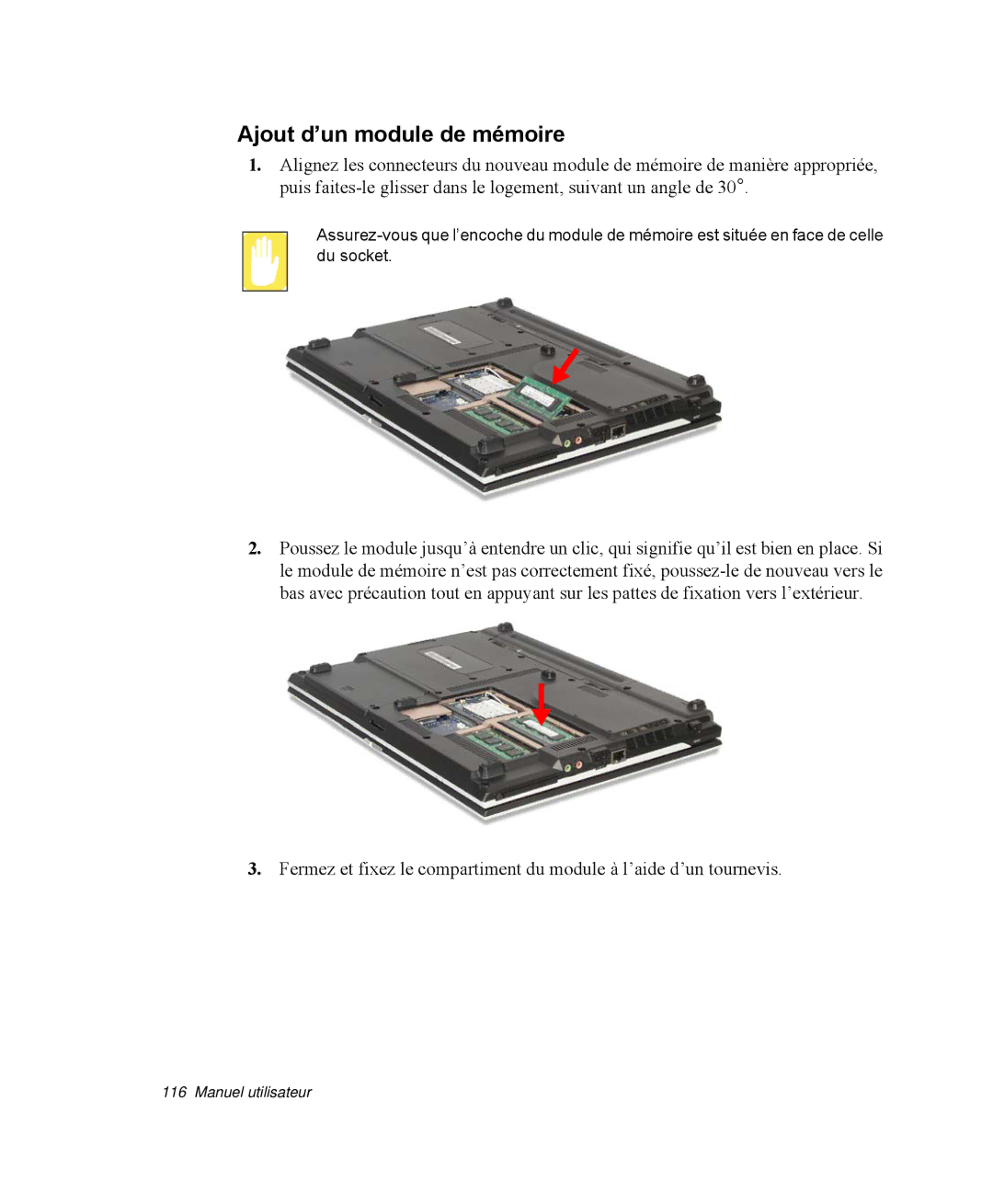 Samsung NP-R40K001/SEF, NP-R40R001/SEF, NP-R40FY00/SEF, NP-R40FY01/SEF, NP-R40R000/SEF manual Ajout d’un module de mémoire 