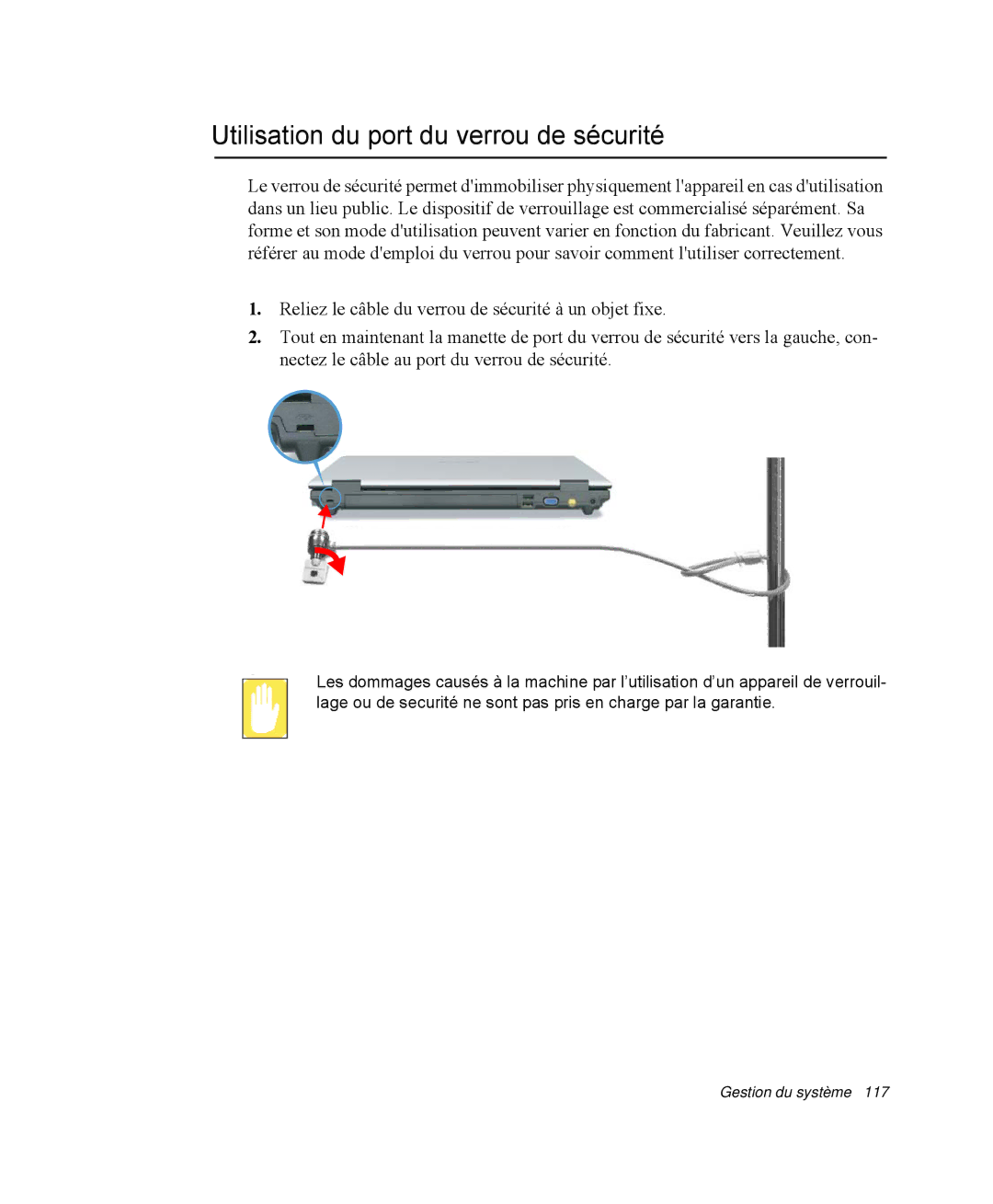 Samsung NP-R40K000/SEF, NP-R40R001/SEF, NP-R40FY00/SEF, NP-R40FY01/SEF manual Utilisation du port du verrou de sécurité 